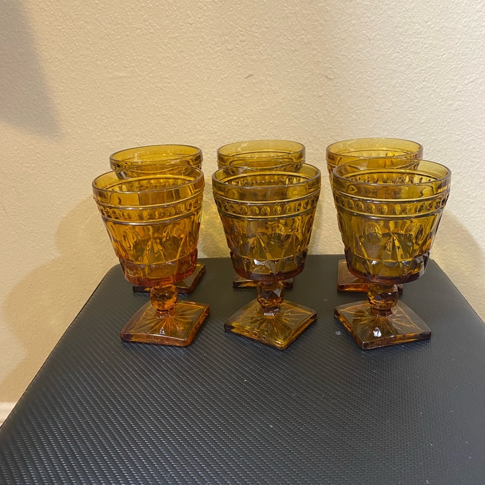 Indiana Glass Amber Pressed-Glass Goblet Set - 6 Vintage-Style Wine Goblets